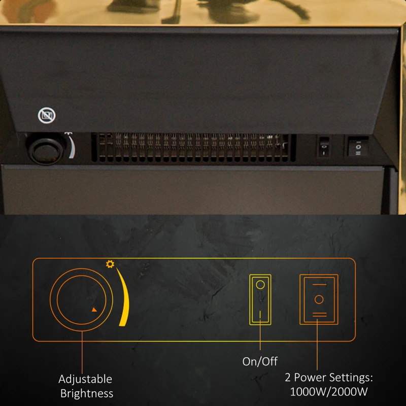 HOMCOM Contemporary Electric Fireplace Coal Burning Flame Effect Inset Fire Place Space Heater Glass View LED Lighting, 1000W/2000W, Golden