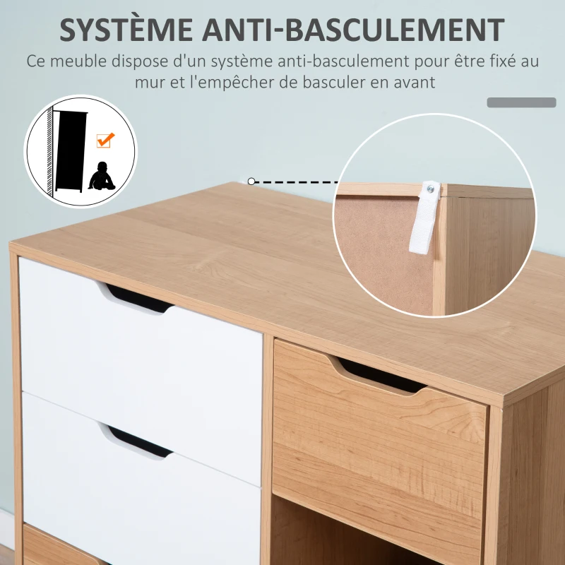 HOMCOM Buffet de salle à manger et cuisine Commode Meuble de Rangement sur Pieds avec 4 tiroirs 2 niches Style scandinave Blanc Aspect Bois Clair