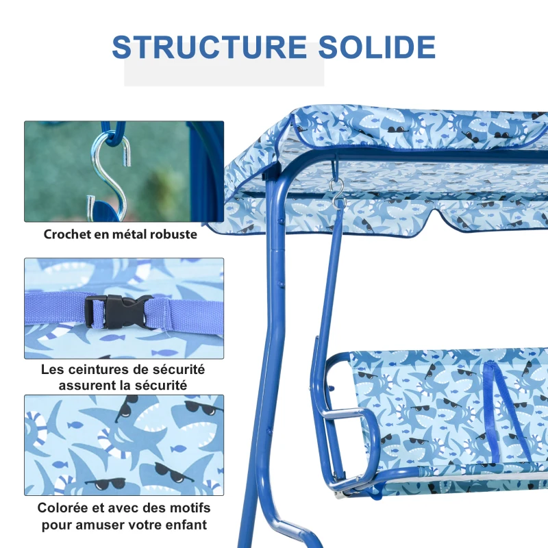 Outsunny Balancelle de Jardin 2 Places pour Enfants Ceintures sécurité réglables accoudoirs Pare-Soleil inclinable Motif Requin Bleu