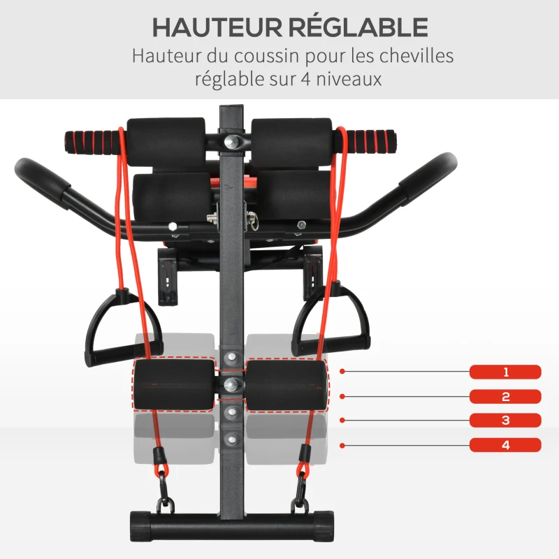 HOMCOM Banc de musculation pliable multifonction appareil fitness sit-up abdo hauteur réglable amortisseurs + sangles élastiques acier revêtement synthétique 137 x 72 x 62 cm rouge noir
