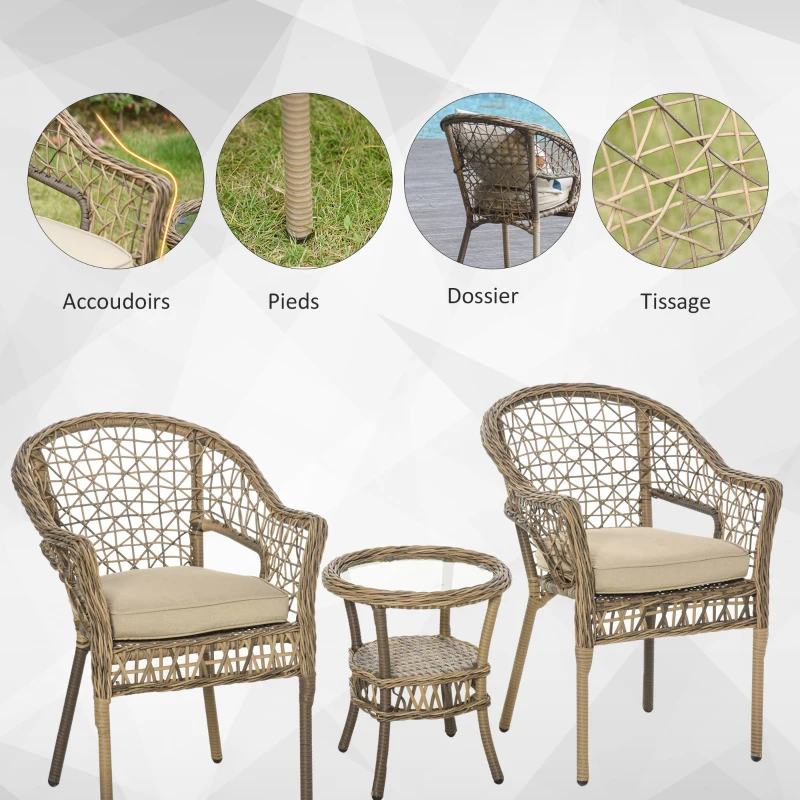 Outsunny Ensemble bistro de jardin style bohème chic 2 fauteuils avec coussins + table basse résine tressée beige