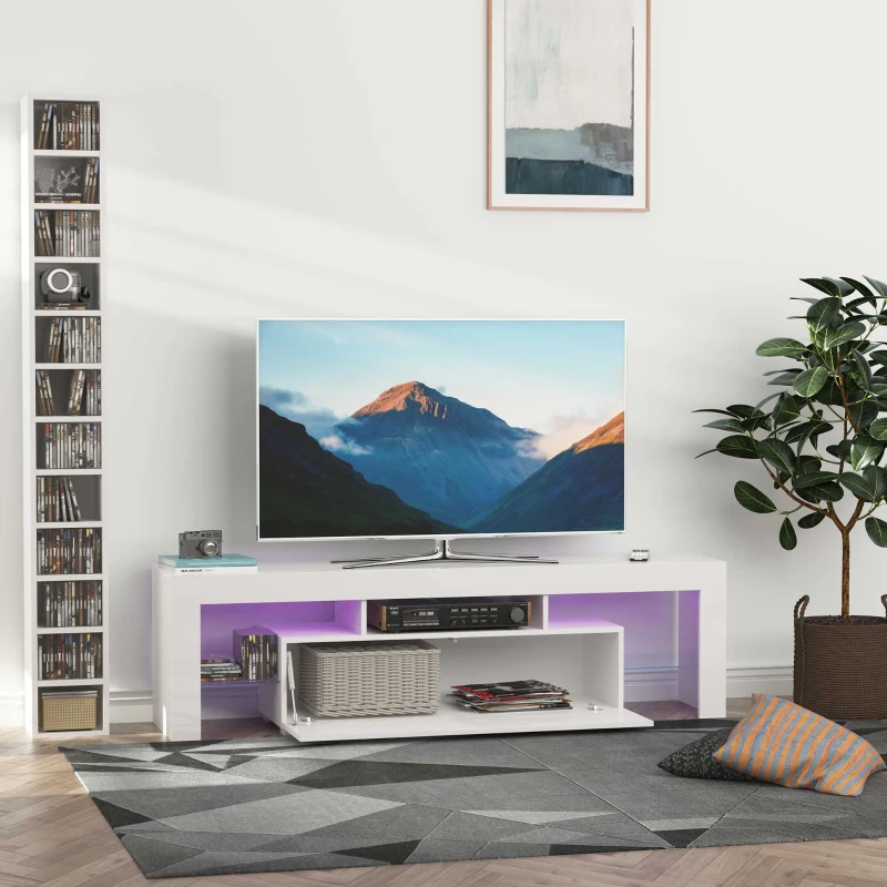 HOMCOM High Gloss TV Stand Cabinet with LED RGB Lights and Remote Control for TVs up to 65", Media TV Console Table with Storage Compartment, White