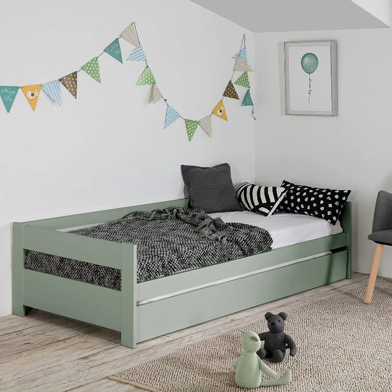 HOMCOM Lit gigogne Enfant 90 x 190 cm - Structure lit avec lit tiroir - sommiers à Lattes Inclus - Acier pin Massif MDF Classe E1 Vert