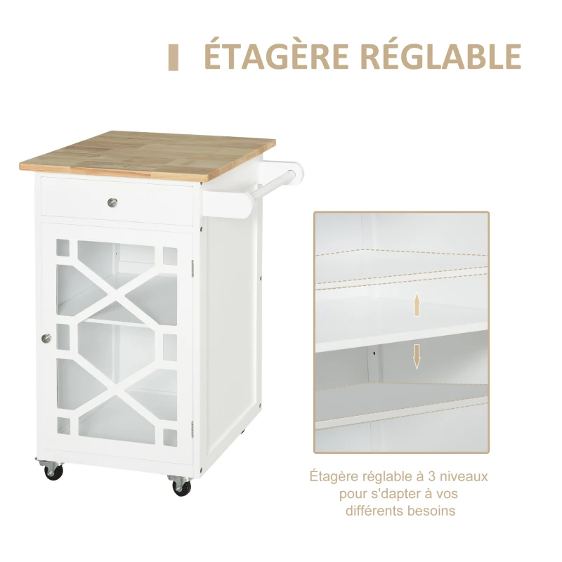 HOMCOM Chariot de service - desserte de cuisine à roulettes - tiroir, placard, porte-serviette - dim. 63L x 45l x 86H cm - structure en bois blanc