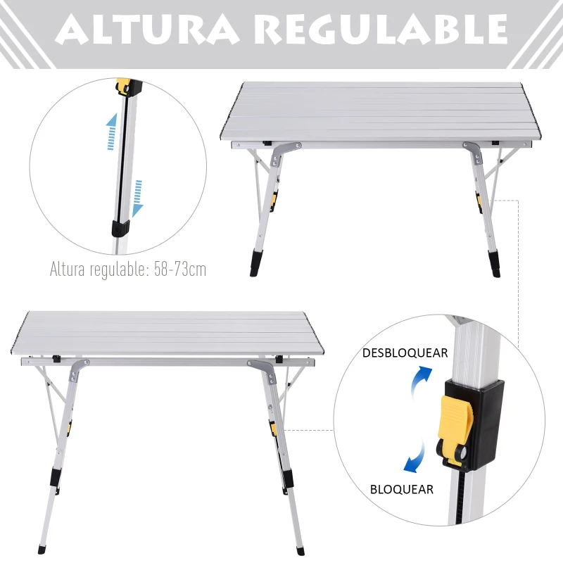 Mesa de Picnic Mesa para Camping Plegable con Altura Regulable en 45-65 cm Estructura Estable de Aluminio con Bolsa de transporte Soporta 30 kg 90x53 cm Plateado