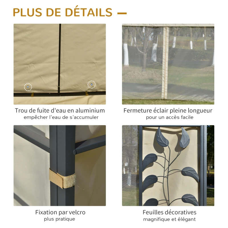 Outsunny Pergola adossable dim. 4L x 3l x 2,7H m pavillon de jardin toile polyester haute densité moustiquaires crème structure métal époxy gris