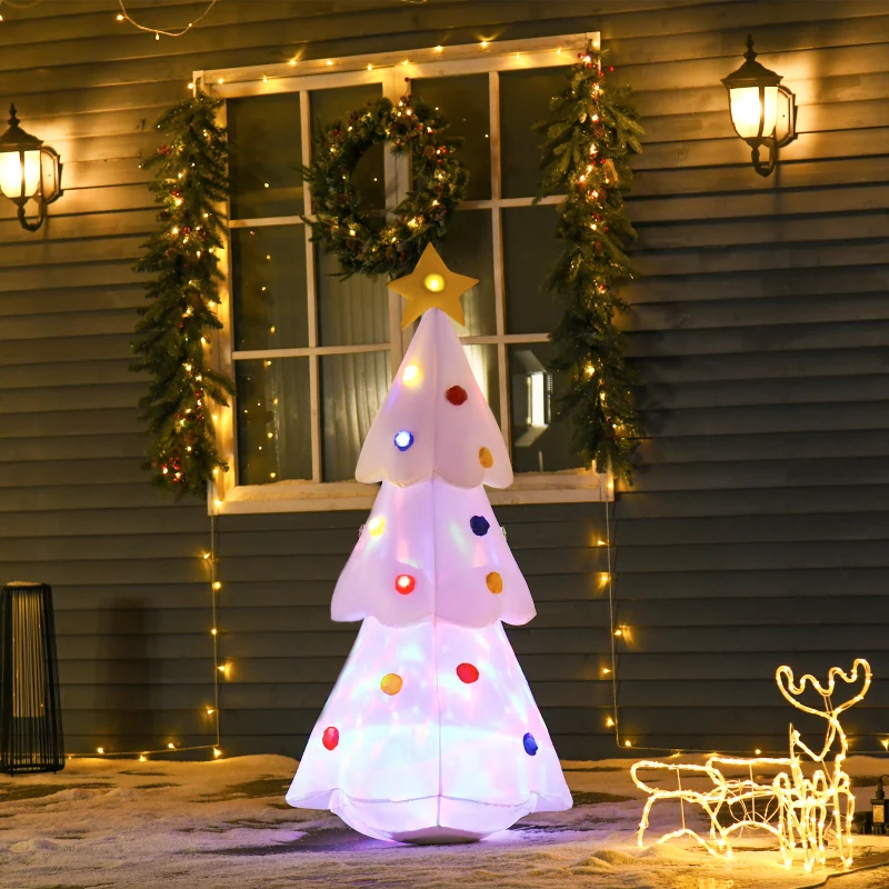 HOMCOM 6FT Inflatable Christmas Tree w/ Star and Multicolour Decorations LED Lighted Indoor Outdoor Home Decor for Garden Lawn Party Prop White