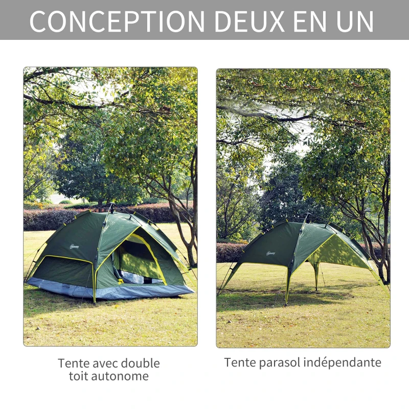 Outsunny Tente de camping 2 personnes double toit imperméable 2,3 x 2 x 1,35 m vert kaki montage démontage facile + sac de transport fourni