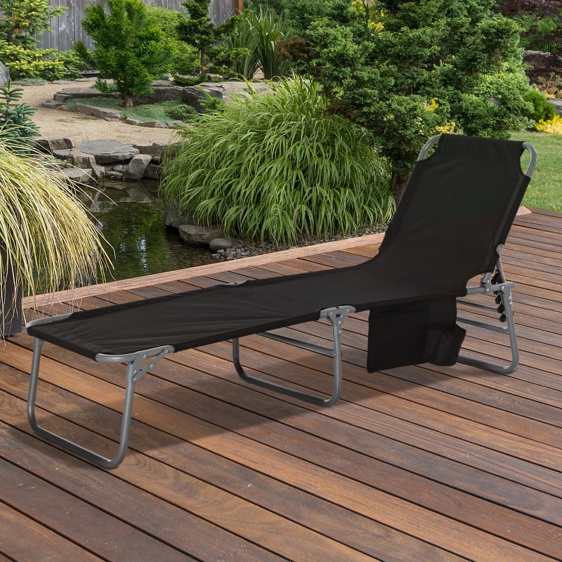Outsunny Bain de soleil transat pliable dossier réglable multipositions pochette rangement intégrée acier époxy oxford noir