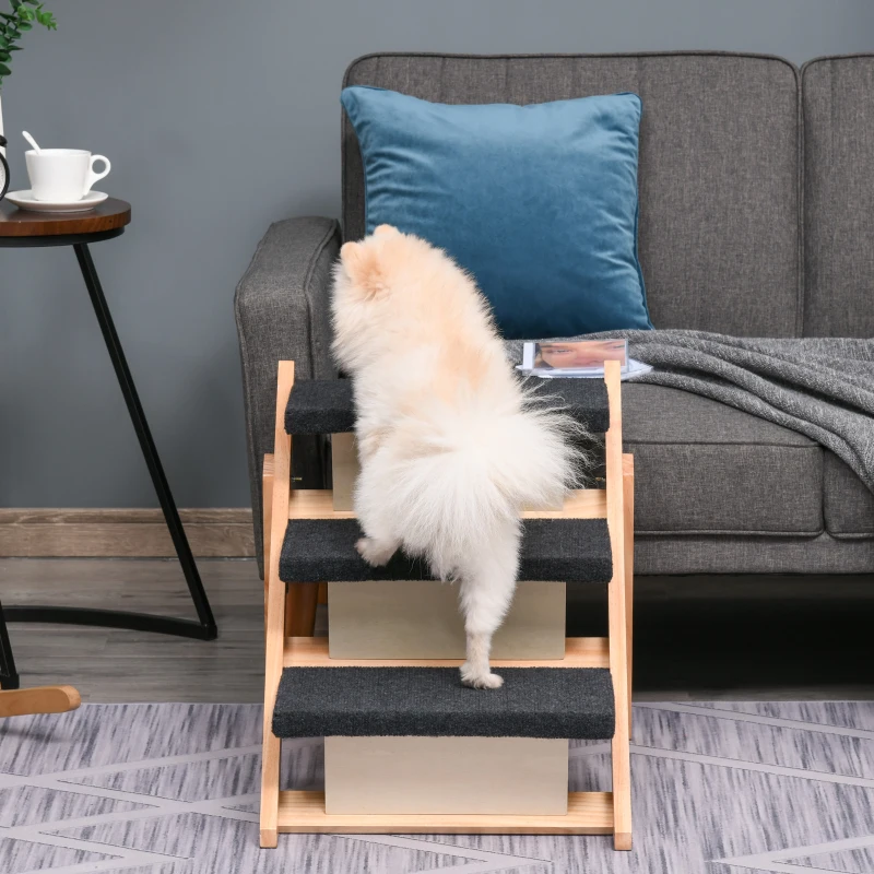 PawHut Escalera de Madera para Perros Plegable 2 en 1 Rampa para Mascotas Portátil con 3 Escalones para Acceso al Sofá y Cama Alta 60x47x50 cm Negro y Natural