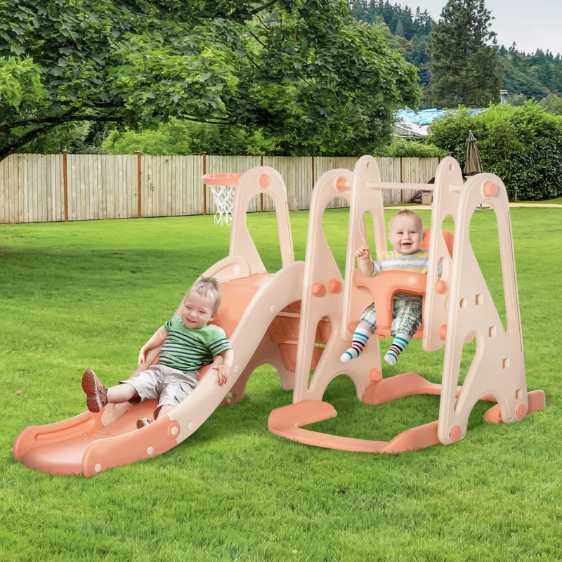 HOMCOM 3 in 1 Design Kids Swing and Slide Set with Basketball Hoop Toddler Playground Play Set Fun Climber Set Activity Center Indoor and Outdoor Play Equipment Pink