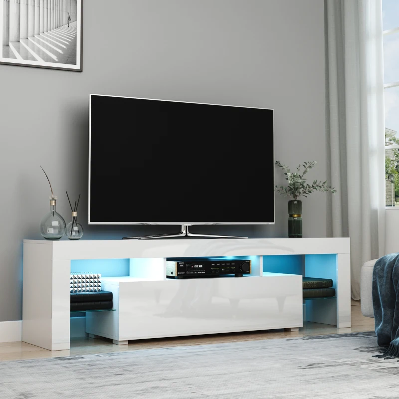HOMCOM High Gloss TV Stand Cabinet with LED RGB Lights and Remote Control for TVs up to 65", Media TV Console Table with Storage Compartment, White