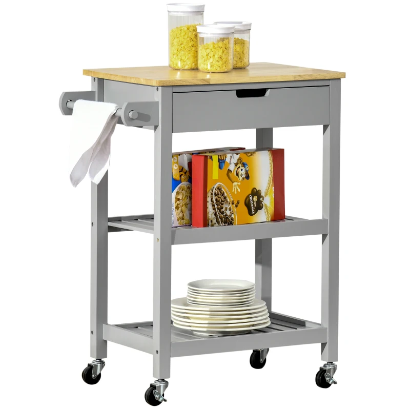 HOMCOM Kitchen Trolley Utility Cart on Wheels with Rubberwood Worktop, Towel Rack, Storage Shelves & Drawer for Dining Room, Grey