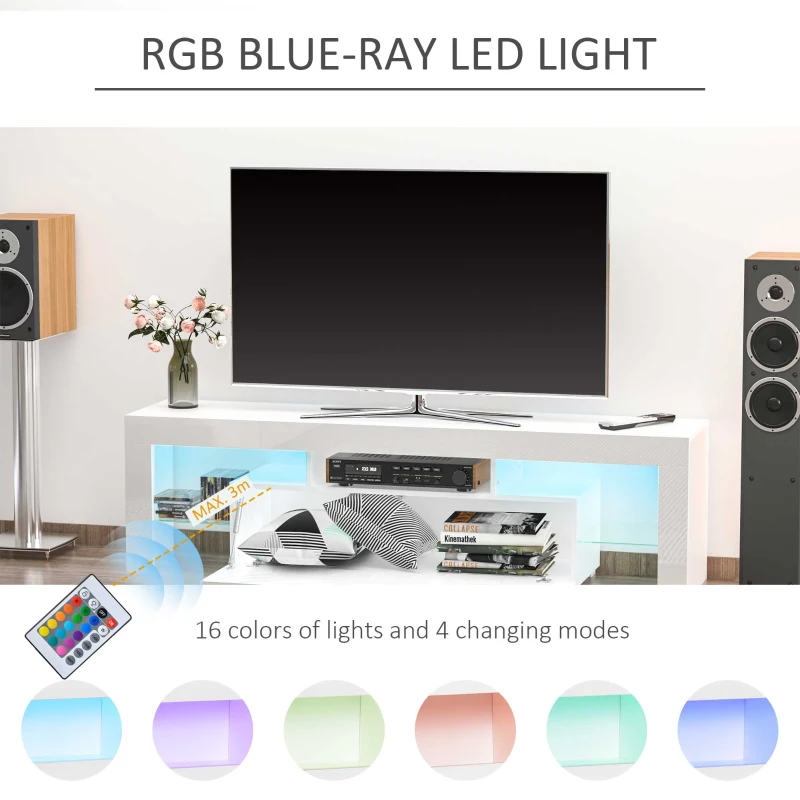 HOMCOM High Gloss TV Stand Cabinet with LED RGB Lights and Remote Control for TVs up to 65", Media TV Console Table with Storage Compartment, White