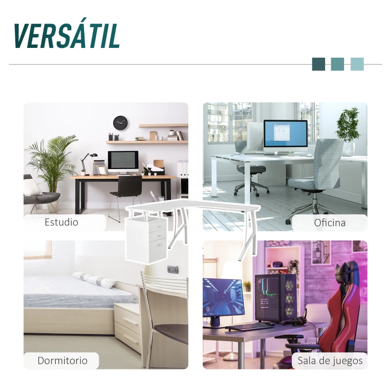 HOMCOM Escritorio Esquinero para Ordenador Escritorio en Forma de L con 3 Cajones Mesa Moderna para Oficina Estudio 143,5x143,5x76 cm Blanco