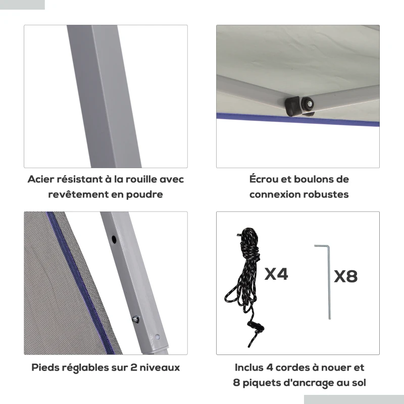 Outsunny Tonnelle 3 x 3 m barnum automatique pop-up 4 moustiquaires amovibles 2 zippées bleu