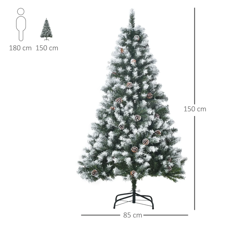 HOMCOM Árbol de Navidad Artificial 150 cm con Nieve con 676 Ramas 41 Piñas Decoración Navideña para Interiores Verde