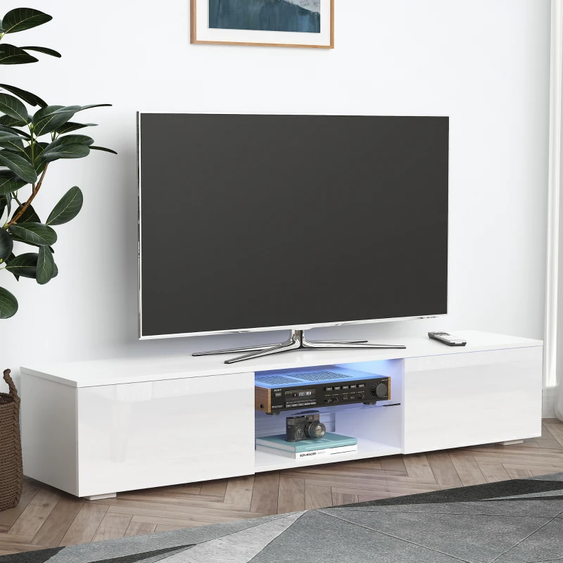 HOMCOM TV Stand Cabinet with High Gloss Front Door, LED RGB Lights and Remote Control for TVs up to 55", Media TV Console Table with Storage Cupboard, White