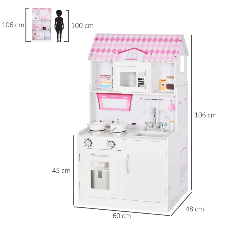 HOMCOM Cuisine Bois Jeu d'imitation - Maison de poupée Cuisine Enfant 2 en 1 - Nombreux Accessoires & rangements Inclus - MDF pin Rose Blanc