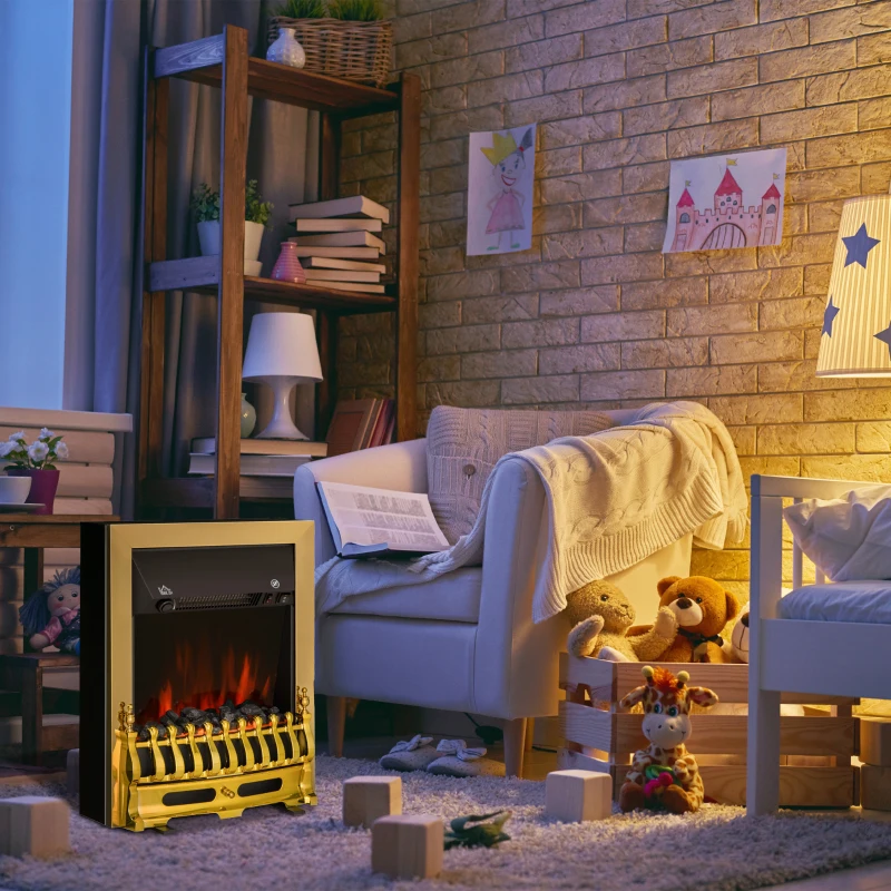 HOMCOM Contemporary Electric Fireplace Coal Burning Flame Effect Inset Fire Place Space Heater Glass View LED Lighting, 1000W/2000W, Golden