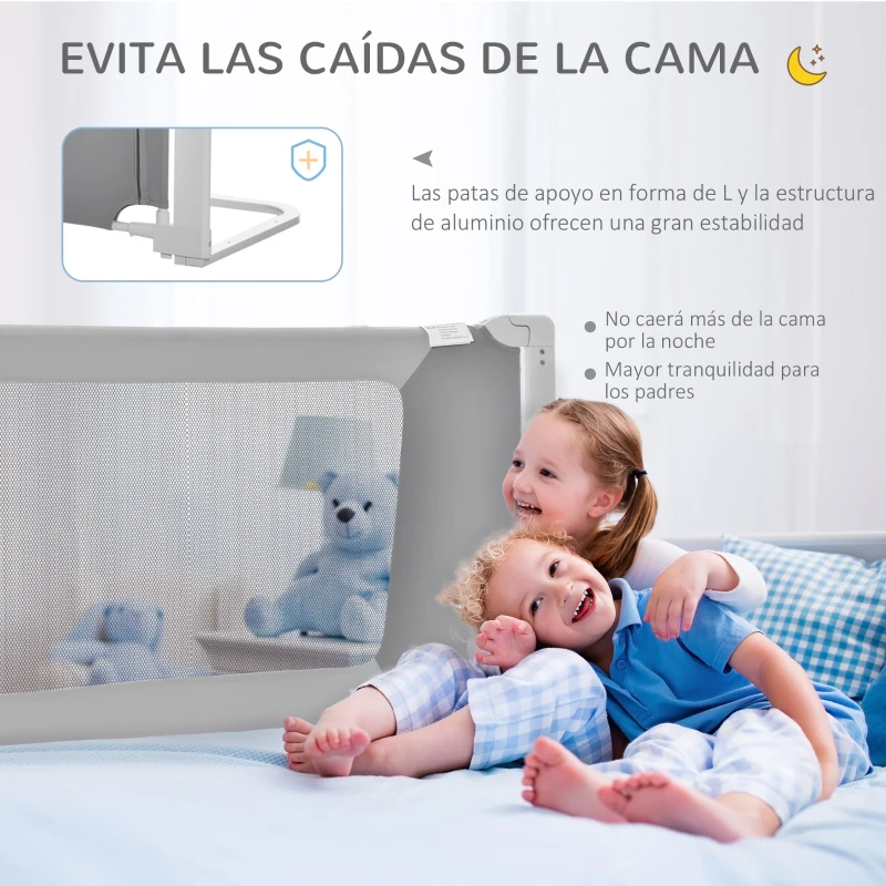 HOMCOM Barrera de Cama para Niños 150 cm Ajustable en Altura Acceso Unilateral Protección Anticaídas Infantil con Marco de Aluminio 150x44x77,5-104,5 cm Gris