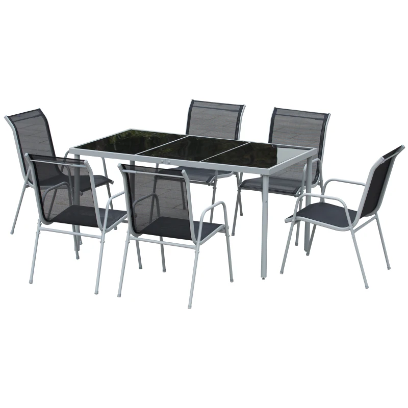 Outsunny Ensemble de jardin 6 pers. - table de jardin extérieure avec 6 chaises empilables plateau verre trempé 5 mm métal époxy gris textilène noir