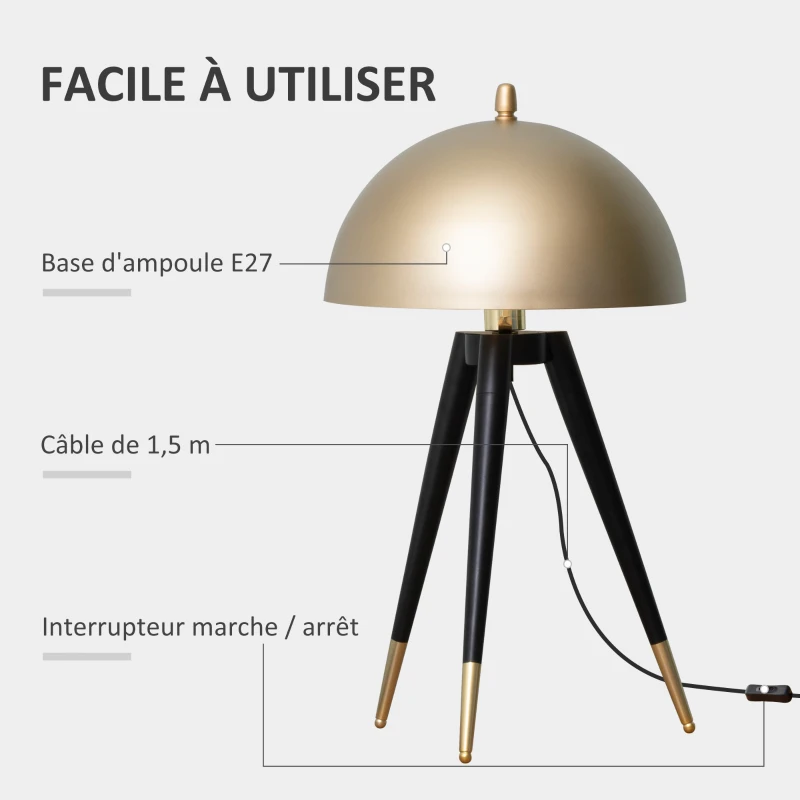HOMCOM Lampe de bureau lampe de chevet aspect élégant et moderne avec abat-jour en bol doré et base de trépied noir pour chambre à coucher bureau salle d'étude