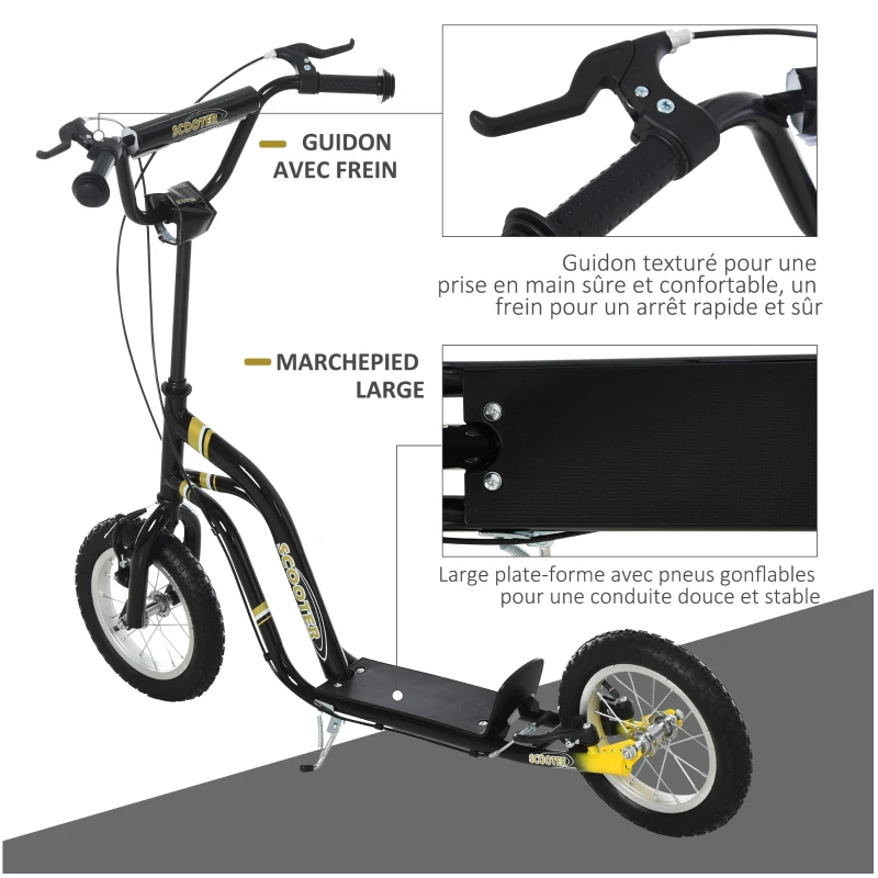 HOMCOM Trottinette enfants, grandes roues pneumatiques 12 pouce en caoutchouc, charge 100 kg, trottinette tout terrain avec double freins, hauteur réglable et béquille latérale, 5 à 12 ans, noir(m-5)