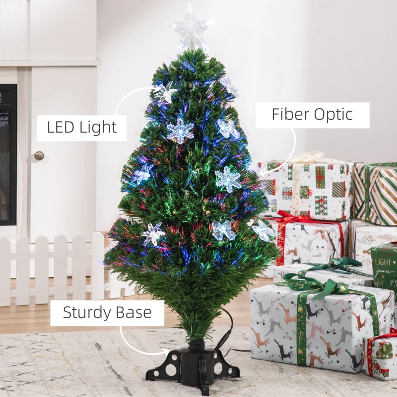 HOMCOM 3FT Prelit Artificial Christmas Tree Fiber Optic LED Light Holiday Home Xmas Decoration Tree with Foldable Feet, Green