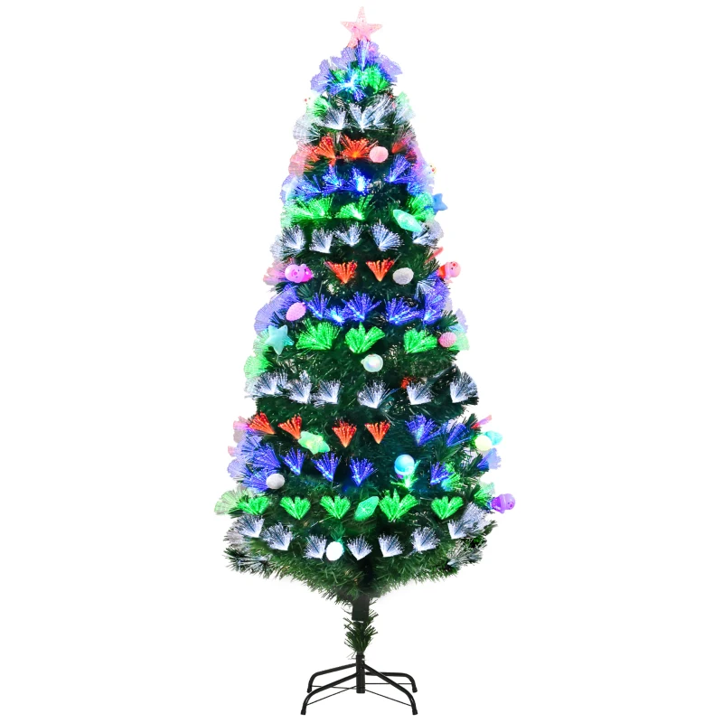 HOMCOM 6FT Pre-Lit Artificial Christmas Tree w/ Fibre Optic Baubles Fitted Star LED Light Holiday Home Xmas Decoration-Green