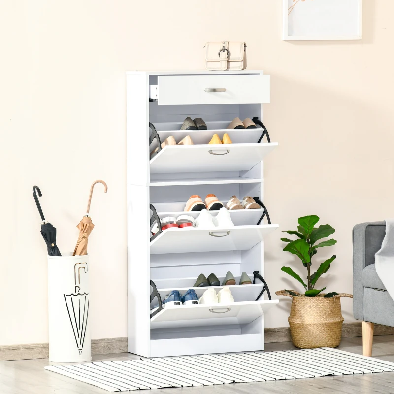 HOMCOM Shoe Cabinet with 3 Flip Drawers, High Gloss Shoe Storage Cabinet with Top Drawer and Adjustable Shelves, Shoe Cupboard for 18 Pairs, White