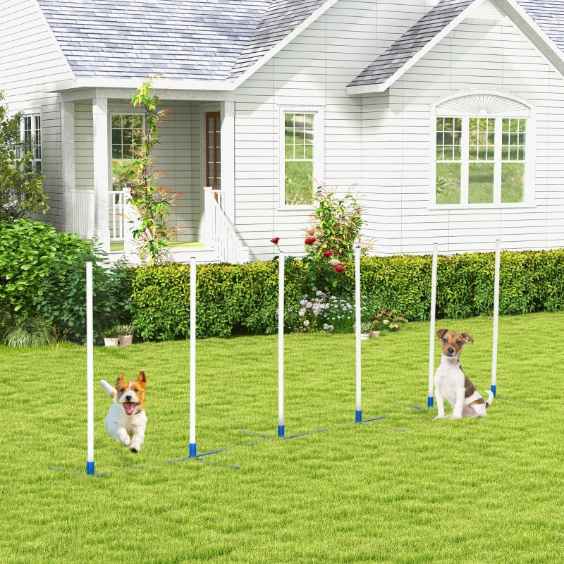 PawHut Dog Agility Equipment Training Adjustable Obstacle Course Set with 6 Weaves Poles Storage Bag for Pet Outdoor Games Exercise