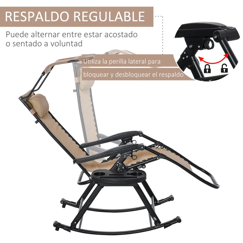 Outsunny Silla Mecedora de Jardín Plegable Tumbona Reclinable con Techo Protección Solar Reposacabezas Extraíble y Reposapiés Estructura de Acero 120x67x102 cm Beige