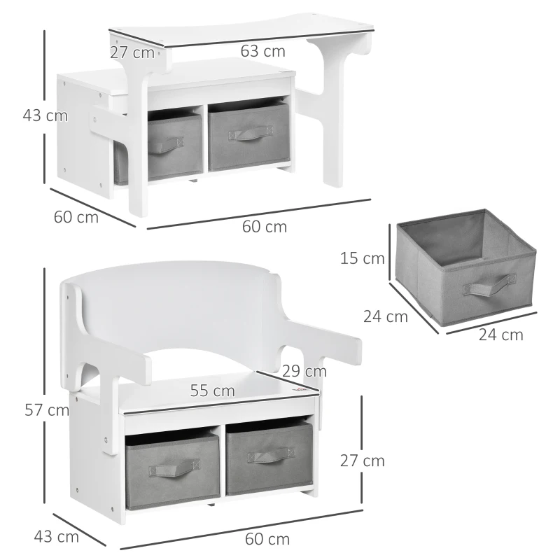 HOMCOM Bureau pour Enfant Banc Bureau tiroirs 3 en 1 mini canapé pour enfant - accoudoirs Dossier relevable - MDF Non tissé Blanc Gris