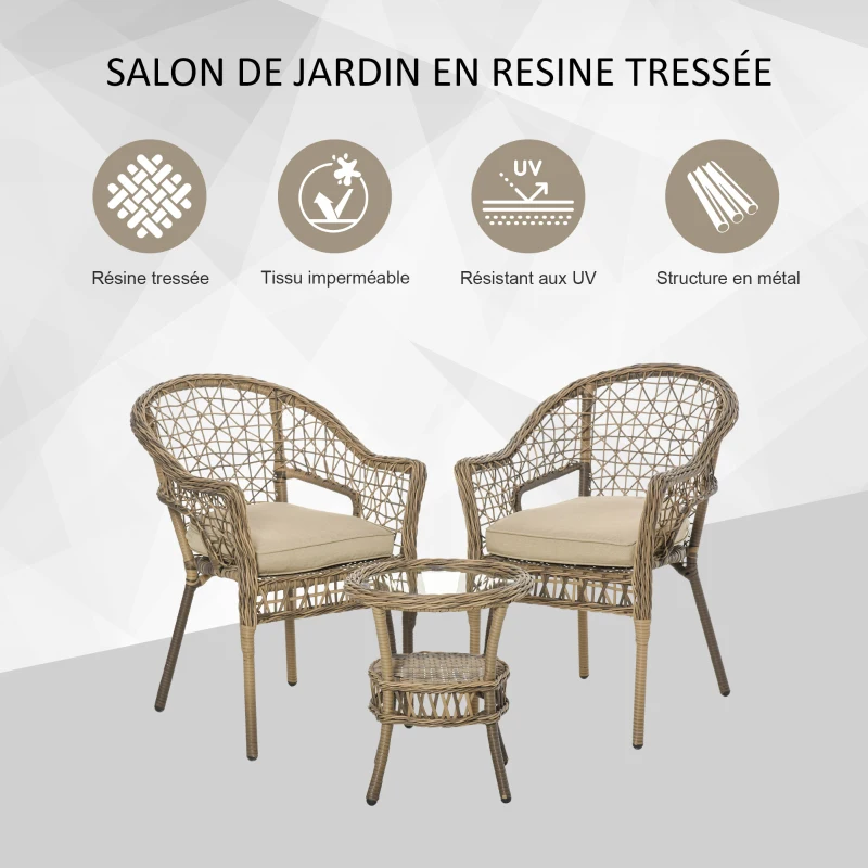 Outsunny Ensemble bistro de jardin style bohème chic 2 fauteuils avec coussins + table basse résine tressée beige