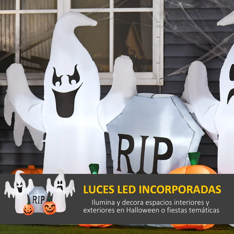 HOMCOM Fantasmas Inflables de Halloween con Luces LED Decoración Hinchable con Calabaza y Lápida para Interior Exterior 182x57x122 cm Multicolor