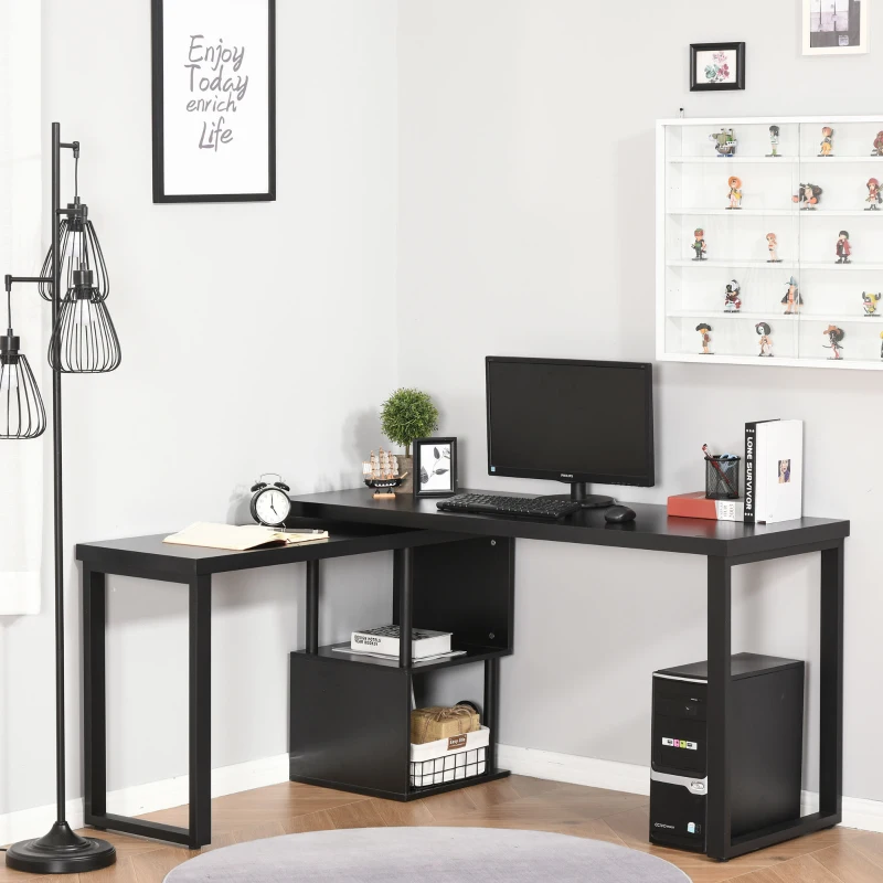 HOMCOM Mesa Escritorio en L Mesa para Oficina Giratoria 360 Grados Múltiples Formas con Estante en S de 2 Niveles Gran Espacio de Almacenaje 220x55x76 cm Negro