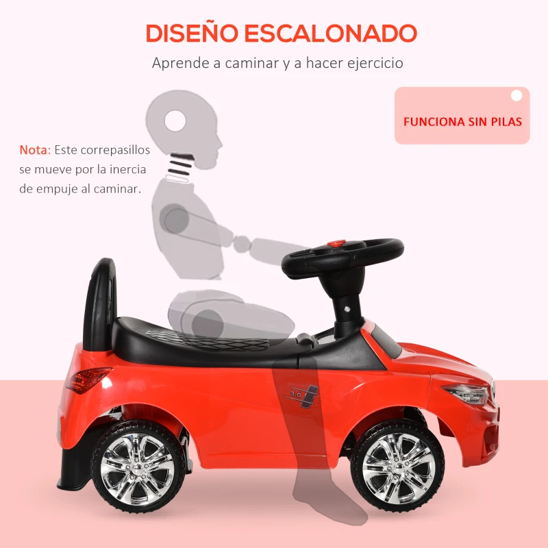 HOMCOM Coche Correpasillos para Niños de 18-36 Meses con Faros Música Bocina Volante Espacio de Almacenaje y Asa Rojo