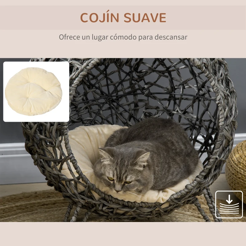 PawHut Cama Cueva de Ratán para Gatos o Mascotas Pequeña con Base Trípode Cojín de Felpa y Algodón Suave Diseño Elevado Estable Φ52x58 cm Gris