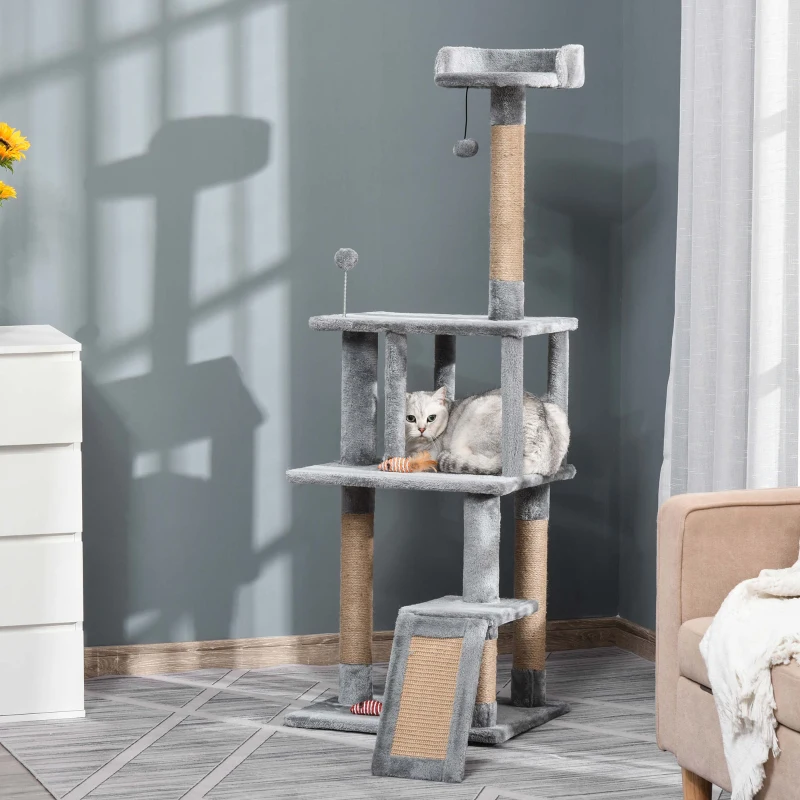 PawHut Cat Tree Tower for Indoor Cats 142cm Climbing Kitten Activity Center with Jute Scratching Post  Board Perch Roomy Condo Removable Felt Hanging Toy, Grey
