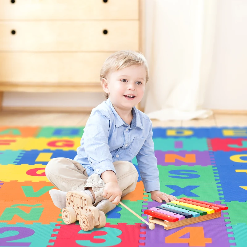 HOMCOM Alfombra Puzzle Infantil 40 Piezas de 31x31x1cm Juego Rompecabezas con 29 Letras Acento y Números 0 al 9 Colchoneta Suave para Niños 3,6 m² Espuma EVA