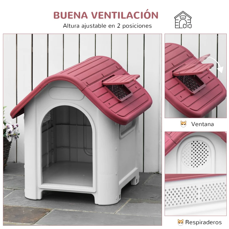 PawHut Caseta para Perro con Puerta Extraíble Base Elevada 3 Respiraderos y Ventana Abrible Caseta de Perros para Interior y Exterior 59x75x66 cm Gris Rojo