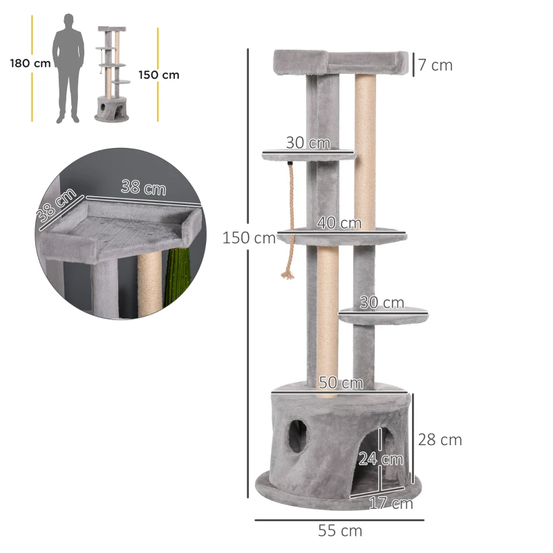 PawHut Cat Tree for Indoor Cats Kitten Tower Multi-level Activity Centre Pet Furniture with Scratching Post Condo Hanging Ropes Plush Perches Grey