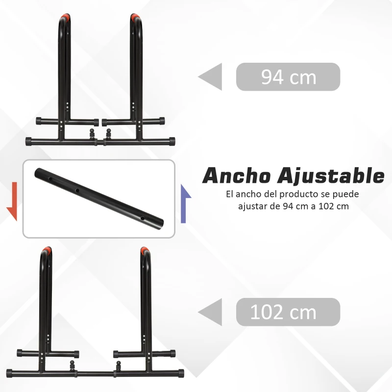 HOMCOM Barras Paralelas Ancho Ajustable Dip Station para Calistenia y Entrenamiento Gimnasio con Asas Antideslizantes de Acero 94-102x62x73 cm Negro