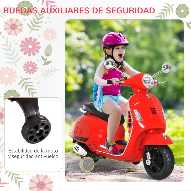 HOMCOM Moto Eléctrica Infantil Coche Triciclo Vespa Scooter Eléctrico a Batería con Luz MP3 USB Bocina para Niños Más de 3 Años Carga 25kg Rojo(m-6)