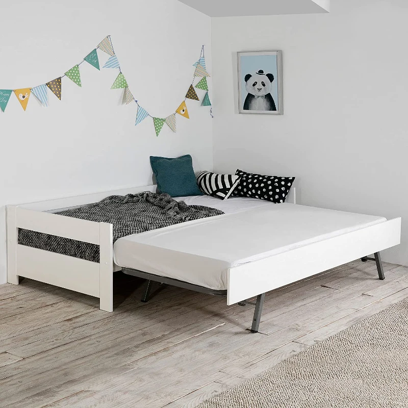 HOMCOM Lit gigogne Enfant 90 x 190 cm - Structure lit avec lit tiroir - sommiers à Lattes Inclus - Acier pin Massif MDF Classe E1 Blanc