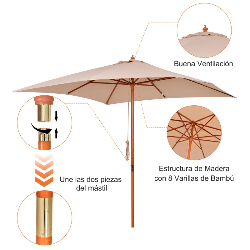 Outsunny Parasol para Jardín Patio Sombrilla Cuadrada de Ángulo Ajustable Ventilación Diseño Moderno con 8 Varillas de Bambú Madera Tela Poliéster 3x3m Beige