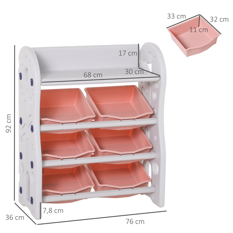 HOMCOM Estantería Infantil de Juguetes Organizador Almacenaje de Niños con 6 Cajas y Estante de HDPE para Sala de Juegos Guardería Libros 76x36x92 cm Coral y Blanco