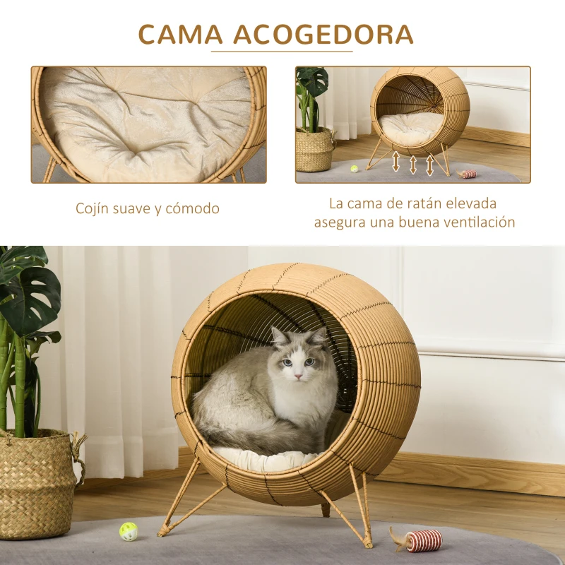 PawHut Cama de Ratán para Gatos Cueva de Mimbre para Gatos Mascotas Pequeñas con Cojín Acolchado Suave y Base Trípode Diseño Elevado Ø52x58 cm Marrón Claro
