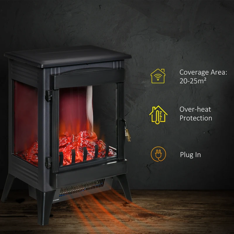 HOMCOM Free standing Electric Fireplace Stove, Fireplace Heater with LED Flame Effect, 3-sided Tempered Glass, Overheat Protection, 1000W/2000W, Black